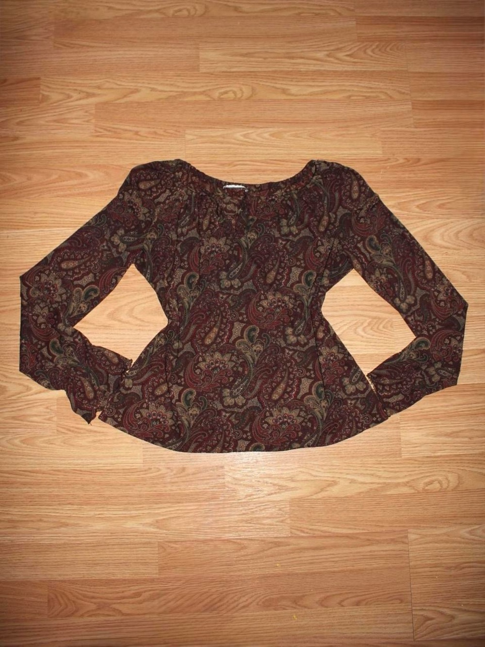 Paisley Long-Sleeve Peasant Top - Burgundy